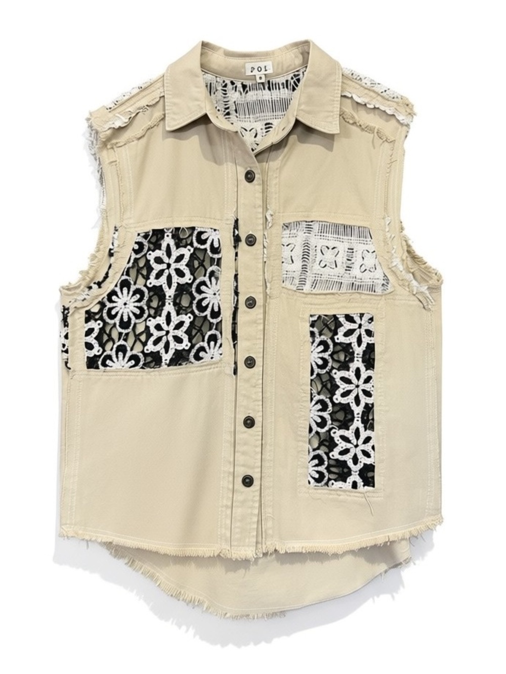 POL Oversized Patchwork Floral Crochet Panels Frayed Hem Button Front Vest Small